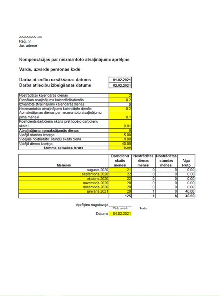 Kompensācijas par neizmantoto atvaļinājumu aprēķina veidlapa